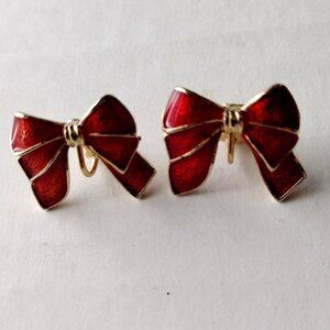 Vintage Red Bow Earrings Clip On Enamel Gold Tone Metal